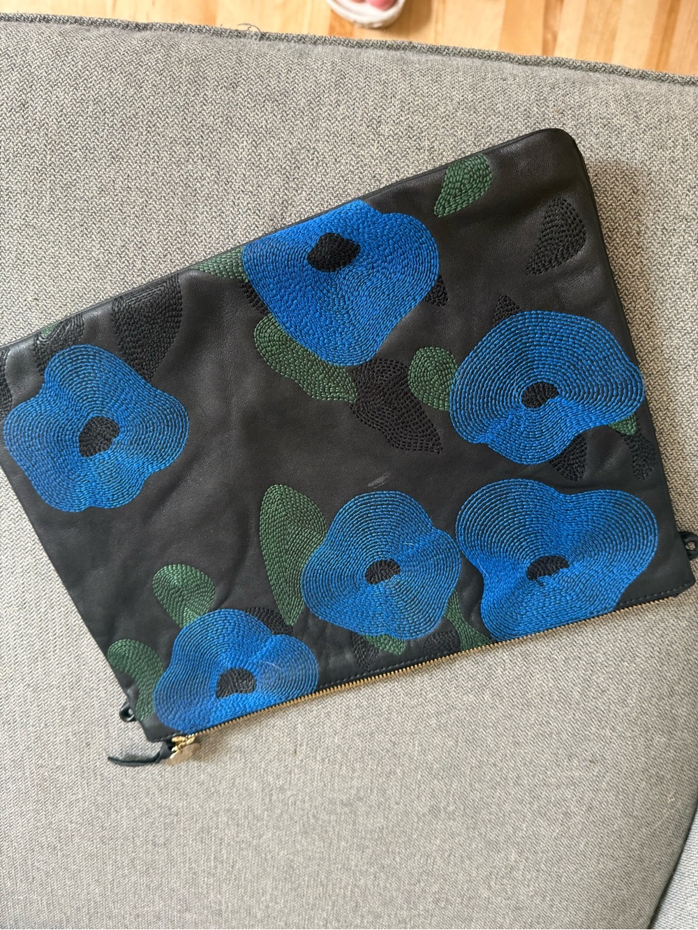 Black Leather Clutch with Blue Floral Beading